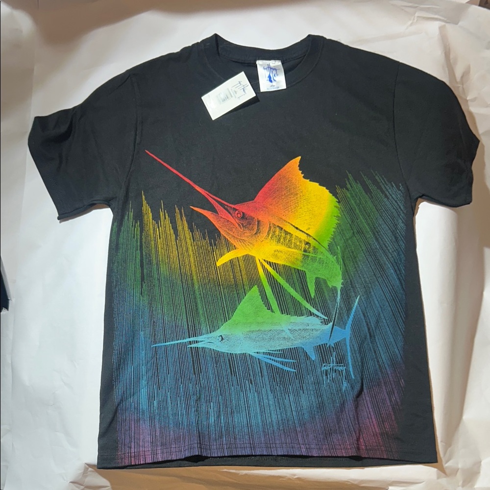 Guy Harvey Black Tee with Rainbow Marlin Design